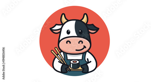 Cartoon cow with chopsticks eating.