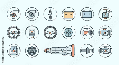 Various Mechanical Tools and Equipment Icons.
