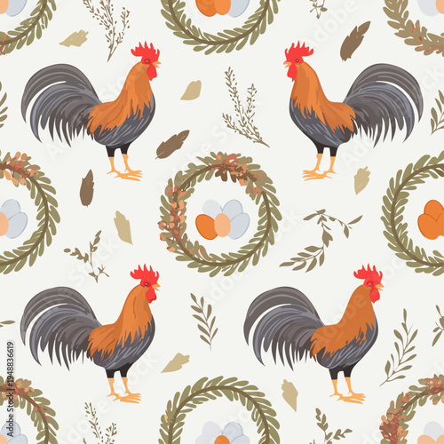 Rooster bird with orange feathers standing.