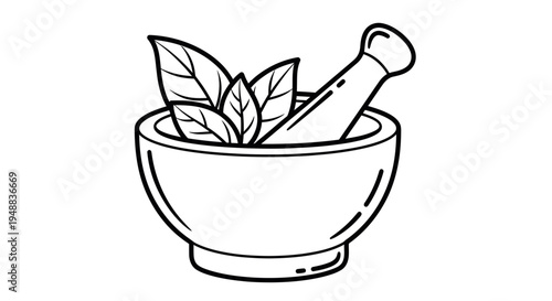 Mortar and pestle with green leaves.