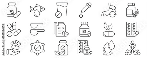 Supplement line editable icon set. Containing vitamin, nutritional Supplements, capsule, protein, minerals, herbal, probiotic, antioxidant and more. Editable stroke. Vector illustration