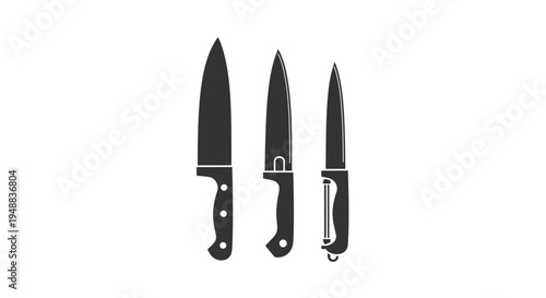 Three black kitchen knives with handles.