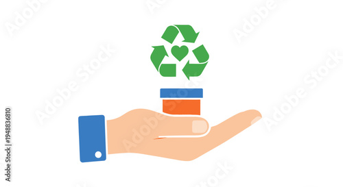 Hand holding recycling symbol and cylinder.