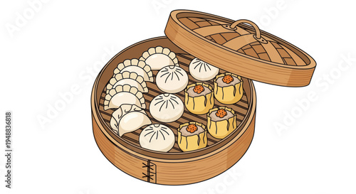 Steamer basket with dumplings and buns.