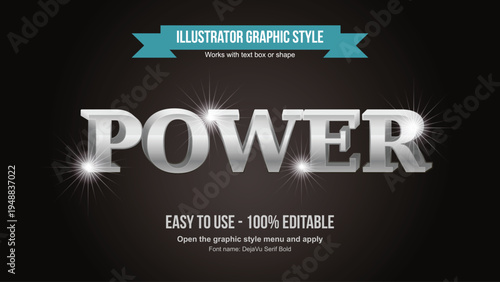 A graphic design element featuring the word POWER in a shiny silver font on a black background with a blue banner