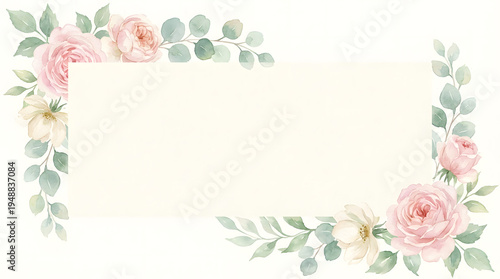 Elegant watercolor floral corner arrangement with soft pink roses and eucalyptus leaves
