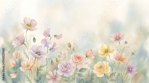 Soft pastel flowers emerging from the bottom with blurred dreamy background