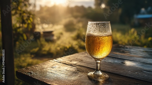 Refreshing Golden Beer Glass on Rustic Wooden Table with Soft Sunrise Light and Natural Background in Tranquil Outdoor Setting
