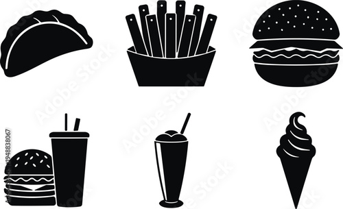 Set of flat black fast food vector icons including burger, french fries, taco, milkshake, soft serve ice cream, and soda combo on white background.
