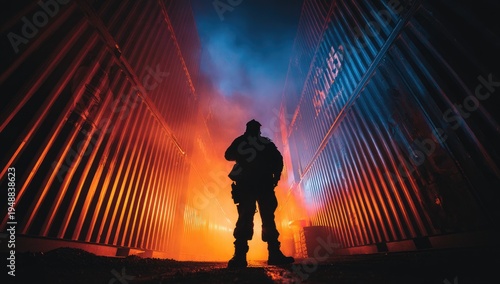 Solitary figure silhouetted in intense orange and blue light between industrial walls