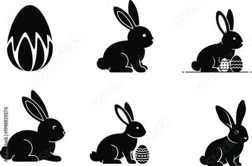 Easter themed black silhouettes of bunnies and eggs on white background