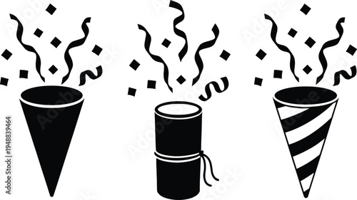 Set of three black confetti popper silhouettes with exploding streamers and paper glitters for birthday party celebrations surprise event invitations and festive holiday graphic design