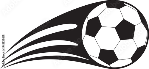 A black and white vector illustration of a soccer ball flying through the air with motion trails