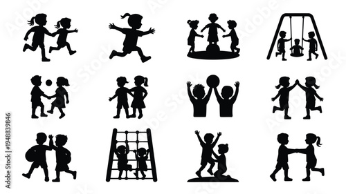 Black silhouettes of children playing on swings slides and climbing frames in various joyful poses