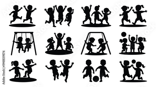 Collection of black silhouette icons depicting children playing on swings and engaging in active fun