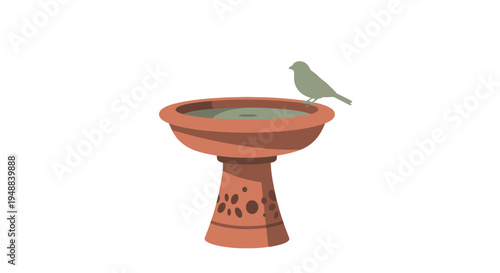 Bird Sitting on a Clay Birdbath.