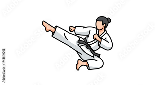 Young woman in karate uniform kicking.