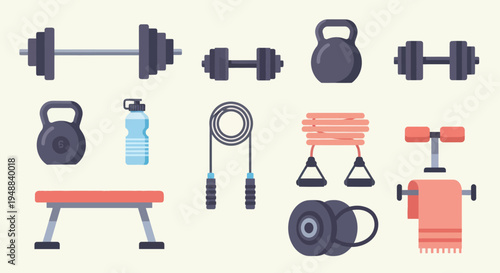 Variety of fitness equipment tools.