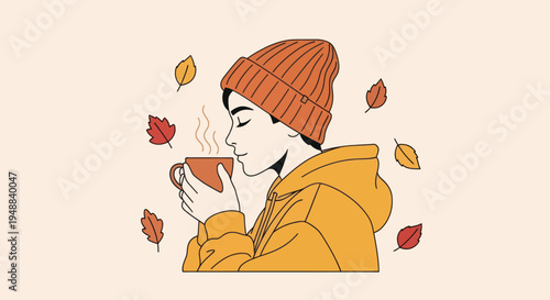 Woman wearing orange beanie drinking coffee.