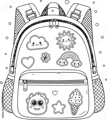 Whimsical outline drawing of a backpack adorned with cute kawaii style cartoon characters and shapes for coloring, Generative Ai