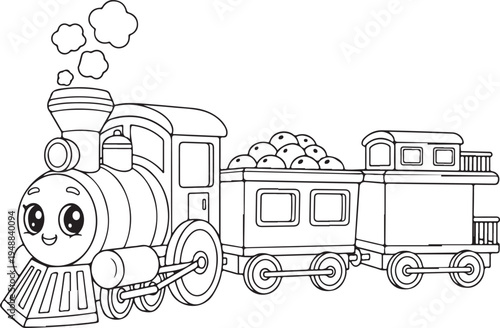 Adorable cartoon train with big eyes and steam puffs for children coloring pages, Generative Ai