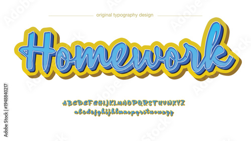 A creative typography design featuring the word Homework in blue and yellow with an alphabet display