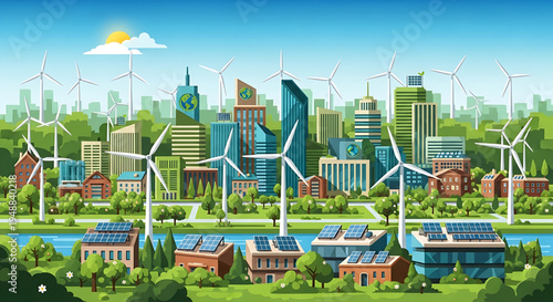 Vibrant modern sustainable city illustration, showcasing eco-friendly urban development powered by clean renewable energy, with prominent wind turbines and solar panels