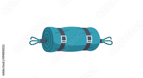 Teal sleeping bag rolled up tightly.