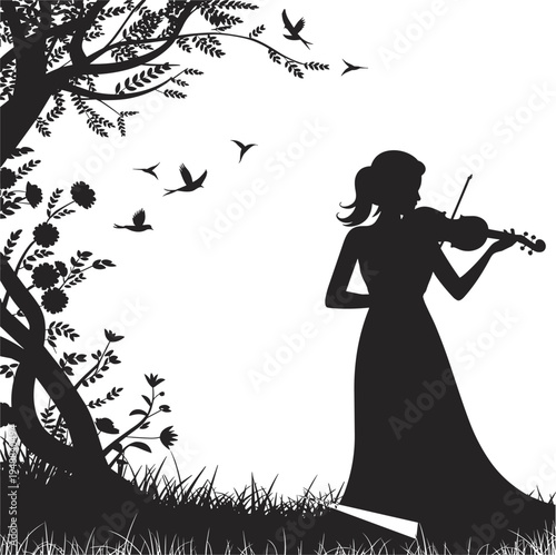 Silhouette of a graceful female violinist playing violin in a peaceful nature garden with flying birds, blooming flowers, and a large tree background.