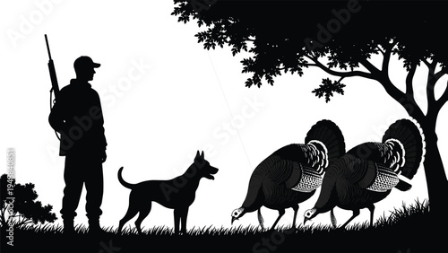 Silhouette of a Male Hunter with Shotgun and Hunting Dog Standing in a Field Watching Wild Turkeys Grazing Under a Tree at Sunset