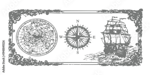 Vintage nautical vector illustration featuring an antique world map, compass rose, and sailing ship in decorative floral frame