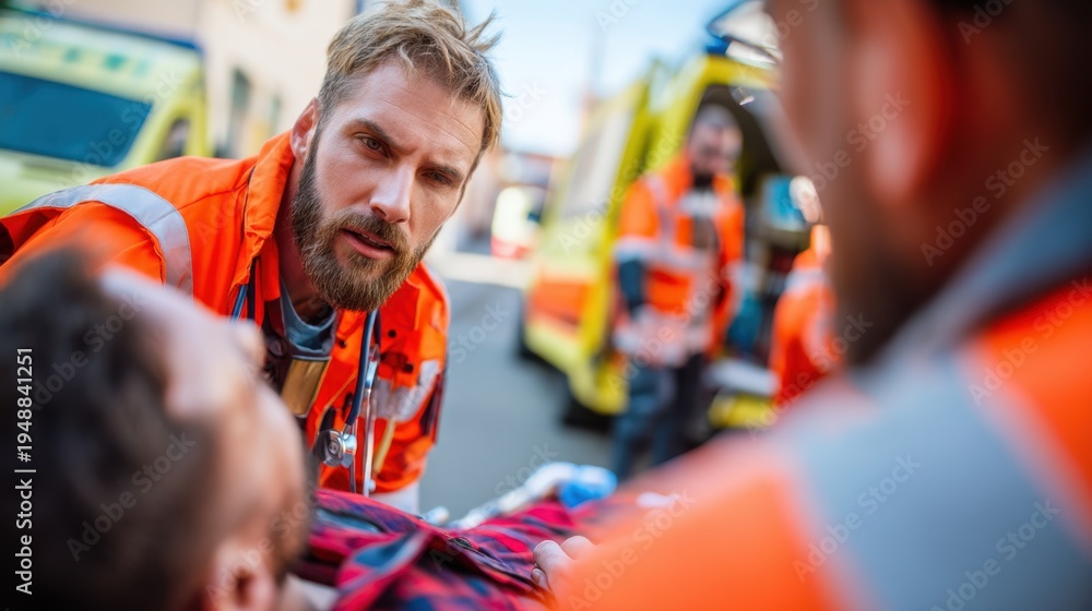 Obraz premium Emergency Medical Team Assisting Injured Person in Outdoor Setting During Rescue Operation with Ambulance Nearby