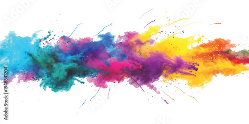 Abstract colorful powder explosion background with vibrant paint splashes and rainbow smoke trails on white vector illustration