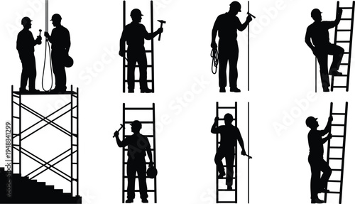 Construction worker silhouette icon set featuring builders on ladders and scaffolding, maintenance crews with tools, and industrial professionals working at height