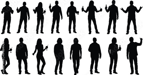 A collection of black silhouettes featuring various people standing in different casual poses