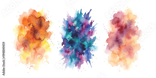 Set of three abstract watercolor splashes with vibrant colors and paint splatters vector illustration for creative design projects
