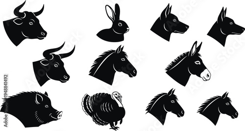A collection of black and white vector icons representing various farm animals on a white background