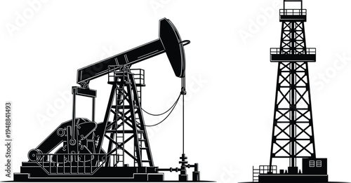 Black and white silhouette illustration of an oil pump jack and a tall industrial drilling rig