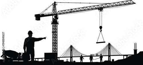 Construction site silhouette with tower crane bridge and workers featuring engineering development and industrial building project isolated on white background