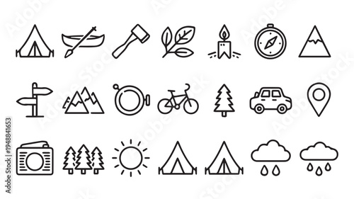 Modern Minimalist Vector Icon Set for Outdoor Adventure, Camping, Nature Exploration, and Travel Themes