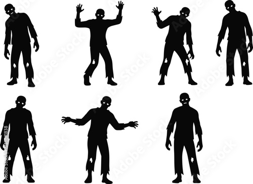 A collection of seven black silhouettes of scary walking zombies isolated on a plain white background