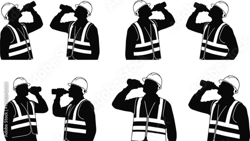Construction worker silhouette drinking water from bottle to stay hydrated during work break wearing safety vest and hard hat on white background