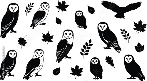 A collection of black and white owl silhouettes with various autumn leaves on a white background