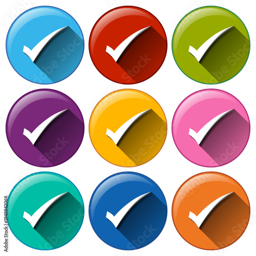 Set of 9 colorful glossy round vector checkmark icons with long shadows, perfect for website buttons, user interfaces, and confirmation graphics