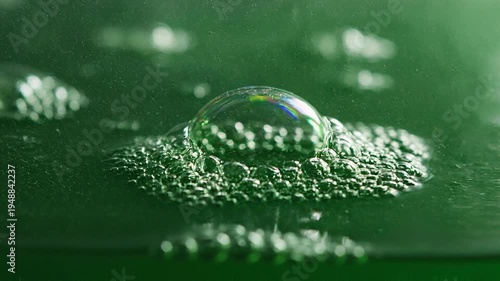 A large soap bubble sits on a green surface covered with smaller bubbles.