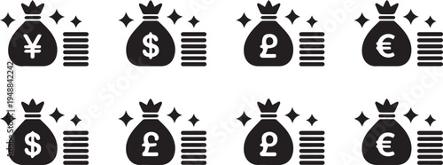 Financial Wealth and Currency Icons Money Bags with Global Symbols and Coin Stacks