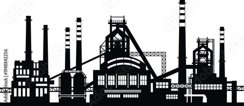 A detailed black and white silhouette of a large industrial factory complex with tall smokestacks