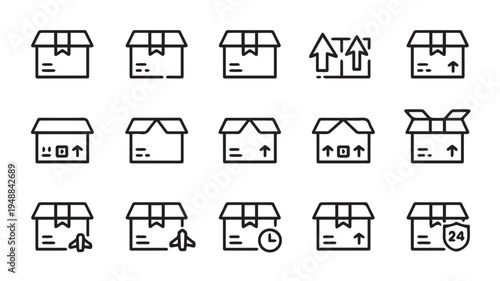Collection of Delivery and Shipping Box Line Icons Set for Logistics and E-commerce Interfaces