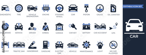 Car solid icons. Vehicle transport automotive symbols. Automobile sedan electric car rental service repair graphics. Professional vector set.