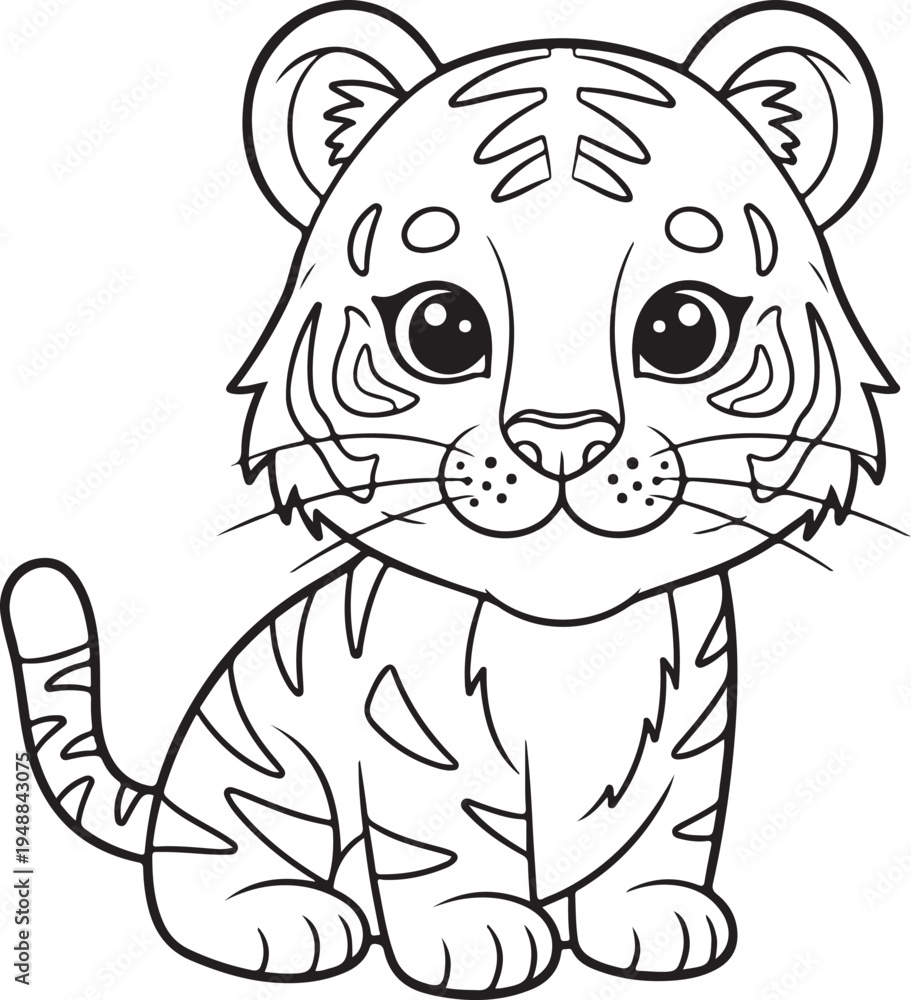 Fototapeta premium Adorable cartoon tiger cub sitting and looking forward with big eyes perfect for coloring pages, Generative Ai